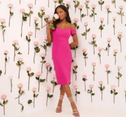 Adrianna Papell Wedding Guest Dresses|Ap Exclusives*Off The Shoulder Midi Dress With Sweetheart Neckline In Brilliant Fuchsia