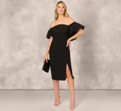 Adrianna Papell Wedding Guest Dresses|Petite-Friendly*Off The Shoulder Midi Dress With Organza Bubble Sleeves In