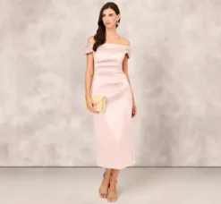 Adrianna Papell Wedding Guest Dresses|Petite-Friendly*Off The Shoulder Mikado Midi Dress With Pleat Details In Pale Blush