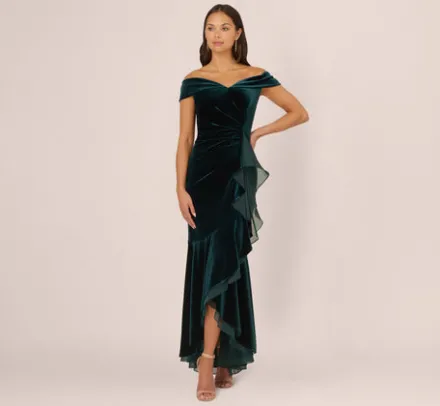 Adrianna Papell Wedding Guest Dresses|Formal Dresses*Off The Shoulder Velvet Mermaid Gown With Organza Ruffle In