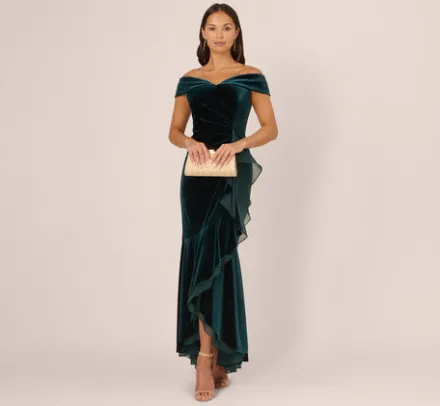 Adrianna Papell Wedding Guest Dresses|Formal Dresses*Off The Shoulder Velvet Mermaid Gown With Organza Ruffle In