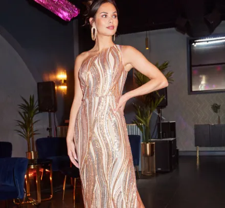 Adrianna Papell Wedding Guest Dresses|Formal Dresses*One Shoulder Abstract Sequin Gown In Champagne Gold Multi