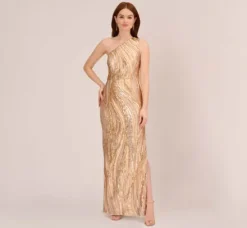Adrianna Papell Wedding Guest Dresses|Formal Dresses*One Shoulder Abstract Sequin Gown In Champagne Gold Multi