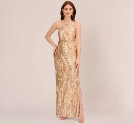 Adrianna Papell Wedding Guest Dresses|Formal Dresses*One Shoulder Abstract Sequin Gown In Champagne Gold Multi