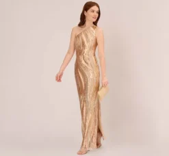 Adrianna Papell Wedding Guest Dresses|Formal Dresses*One Shoulder Abstract Sequin Gown In Champagne Gold Multi