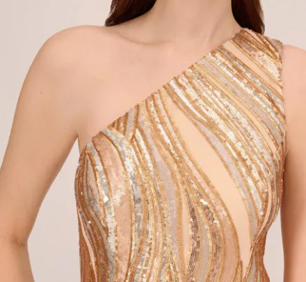 Adrianna Papell Wedding Guest Dresses|Formal Dresses*One Shoulder Abstract Sequin Gown In Champagne Gold Multi
