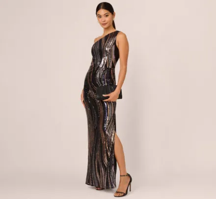 Adrianna Papell Wedding Guest Dresses|Formal Dresses*One Shoulder Abstract Sequin Gown In Black Multi