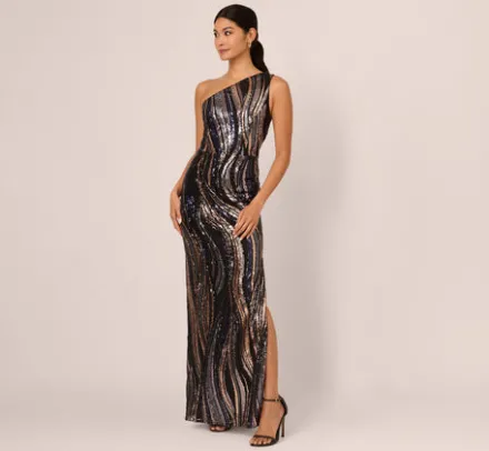 Adrianna Papell Wedding Guest Dresses|Formal Dresses*One Shoulder Abstract Sequin Gown In Black Multi