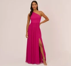 Adrianna Papell Wedding Guest Dresses|Formal Dresses*One-Shoulder Chiffon Long Gown In Bright Magenta