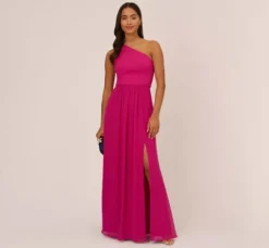 Adrianna Papell Wedding Guest Dresses|Formal Dresses*One-Shoulder Chiffon Long Gown In Bright Magenta