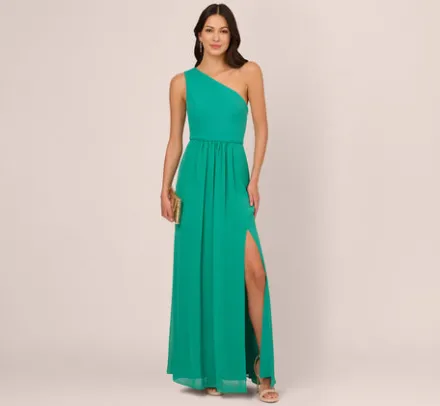 Adrianna Papell Wedding Guest Dresses|Formal Dresses*One-Shoulder Chiffon Long Gown In Botanic Green