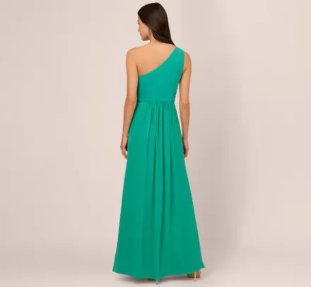Adrianna Papell Wedding Guest Dresses|Formal Dresses*One-Shoulder Chiffon Long Gown In Botanic Green