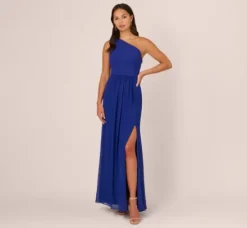 Adrianna Papell Wedding Guest Dresses|Formal Dresses*One-Shoulder Chiffon Long Gown In Royal Sapphire