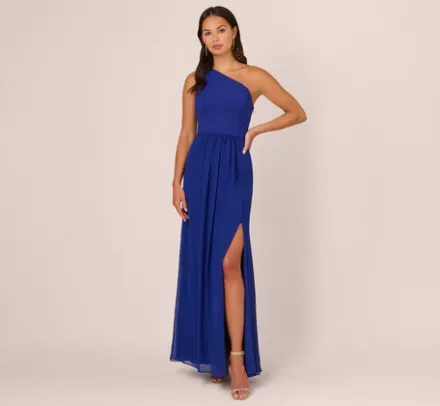 Adrianna Papell Wedding Guest Dresses|Formal Dresses*One-Shoulder Chiffon Long Gown In Royal Sapphire