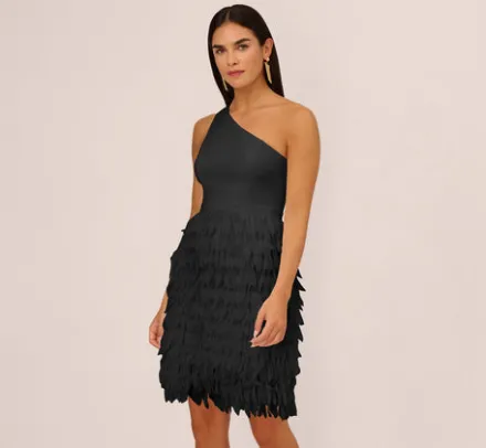 Adrianna Papell Wedding Guest Dresses*One Shoulder Cocktail Dress With Feather Chiffon Skirt In