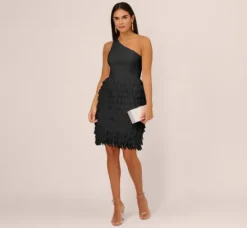 Adrianna Papell Wedding Guest Dresses*One Shoulder Cocktail Dress With Feather Chiffon Skirt In
