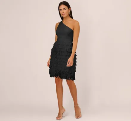 Adrianna Papell Wedding Guest Dresses*One Shoulder Cocktail Dress With Feather Chiffon Skirt In