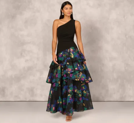 Adrianna Papell Wedding Guest Dresses|Formal Dresses*One Shoulder Crepe Ball Gown With Floral Jacquard Skirt In Black Multi