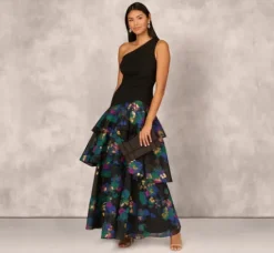 Adrianna Papell Wedding Guest Dresses|Formal Dresses*One Shoulder Crepe Ball Gown With Floral Jacquard Skirt In Black Multi