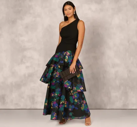 Adrianna Papell Wedding Guest Dresses|Formal Dresses*One Shoulder Crepe Ball Gown With Floral Jacquard Skirt In Black Multi