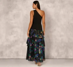 Adrianna Papell Wedding Guest Dresses|Formal Dresses*One Shoulder Crepe Ball Gown With Floral Jacquard Skirt In Black Multi