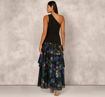 Adrianna Papell Wedding Guest Dresses|Formal Dresses*One Shoulder Crepe Ball Gown With Floral Jacquard Skirt In Black Multi