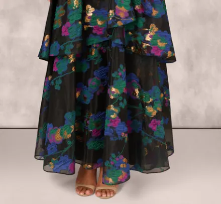 Adrianna Papell Wedding Guest Dresses|Formal Dresses*One Shoulder Crepe Ball Gown With Floral Jacquard Skirt In Black Multi