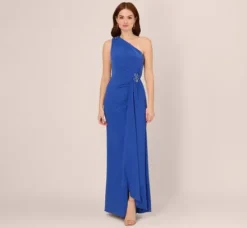 Adrianna Papell Wedding Guest Dresses|Formal Dresses*One Shoulder Draped Jersey Gown With Floral Sequin Accents In Brilliant Sapphire