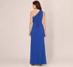Adrianna Papell Wedding Guest Dresses|Formal Dresses*One Shoulder Draped Jersey Gown With Floral Sequin Accents In Brilliant Sapphire
