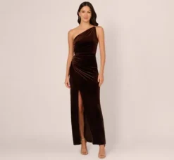 Adrianna Papell Wedding Guest Dresses|Formal Dresses*One Shoulder Draped Velvet Gown With Chain Accent In Dark Brown