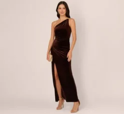 Adrianna Papell Wedding Guest Dresses|Formal Dresses*One Shoulder Draped Velvet Gown With Chain Accent In Dark Brown
