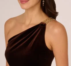 Adrianna Papell Wedding Guest Dresses|Formal Dresses*One Shoulder Draped Velvet Gown With Chain Accent In Dark Brown