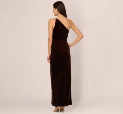 Adrianna Papell Wedding Guest Dresses|Formal Dresses*One Shoulder Draped Velvet Gown With Chain Accent In Dark Brown