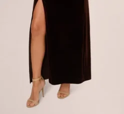 Adrianna Papell Wedding Guest Dresses|Formal Dresses*One Shoulder Draped Velvet Gown With Chain Accent In Dark Brown