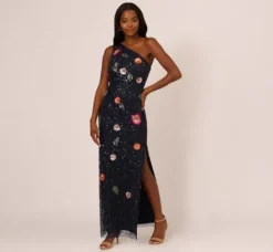 Adrianna Papell Wedding Guest Dresses|Formal Dresses*One Shoulder Floral Bead Dress In Navy Multi