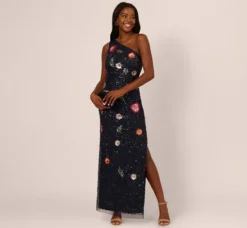 Adrianna Papell Wedding Guest Dresses|Formal Dresses*One Shoulder Floral Bead Dress In Navy Multi