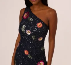 Adrianna Papell Wedding Guest Dresses|Formal Dresses*One Shoulder Floral Bead Dress In Navy Multi