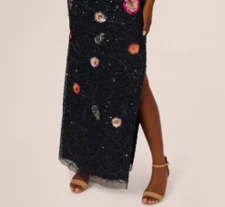 Adrianna Papell Wedding Guest Dresses|Formal Dresses*One Shoulder Floral Bead Dress In Navy Multi