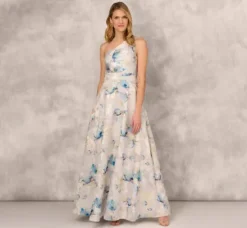 Adrianna Papell Wedding Guest Dresses|Formal Dresses*One Shoulder Floral Jacquard Ball Gown In Blue Multi