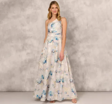 Adrianna Papell Wedding Guest Dresses|Formal Dresses*One Shoulder Floral Jacquard Ball Gown In Blue Multi