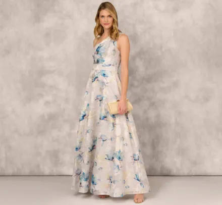 Adrianna Papell Wedding Guest Dresses|Formal Dresses*One Shoulder Floral Jacquard Ball Gown In Blue Multi