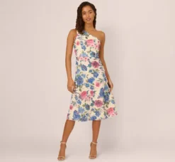 Adrianna Papell Wedding Guest Dresses|Petite-Friendly*One Shoulder Floral Soutache Midi Dress In Alabaster Multi