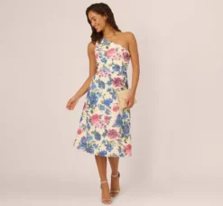 Adrianna Papell Wedding Guest Dresses|Petite-Friendly*One Shoulder Floral Soutache Midi Dress In Alabaster Multi