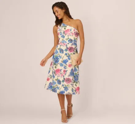Adrianna Papell Wedding Guest Dresses|Petite-Friendly*One Shoulder Floral Soutache Midi Dress In Alabaster Multi