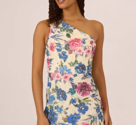 Adrianna Papell Wedding Guest Dresses|Petite-Friendly*One Shoulder Floral Soutache Midi Dress In Alabaster Multi