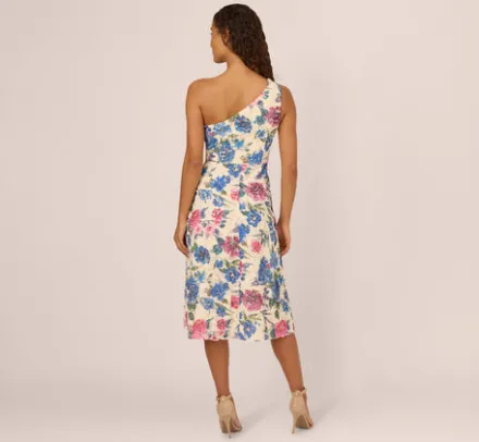 Adrianna Papell Wedding Guest Dresses|Petite-Friendly*One Shoulder Floral Soutache Midi Dress In Alabaster Multi