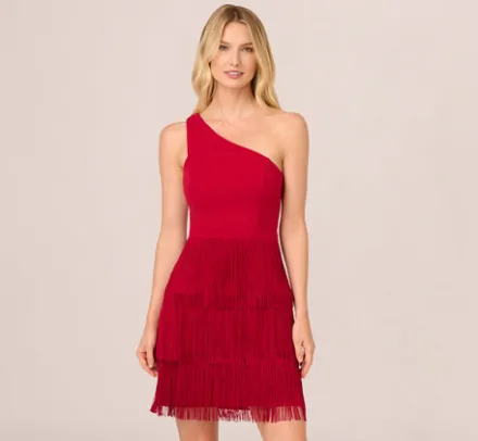 Adrianna Papell Wedding Guest Dresses*One Shoulder Fringe Mini Dress In Matador Red