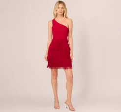 Adrianna Papell Wedding Guest Dresses*One Shoulder Fringe Mini Dress In Matador Red