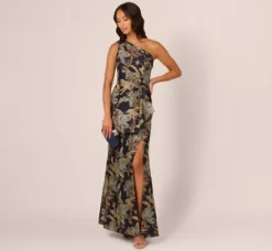Adrianna Papell Wedding Guest Dresses|Formal Dresses*One Shoulder Jacquard Dress In Blue Gold