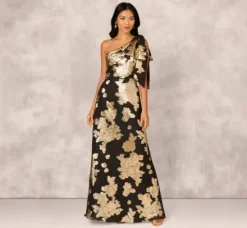 Adrianna Papell Wedding Guest Dresses|Formal Dresses*One Shoulder Jacquard Gown In Black Gold